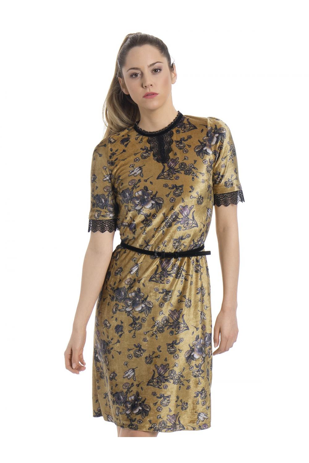 Vive Maria Velvet Flower Dress honey mustard