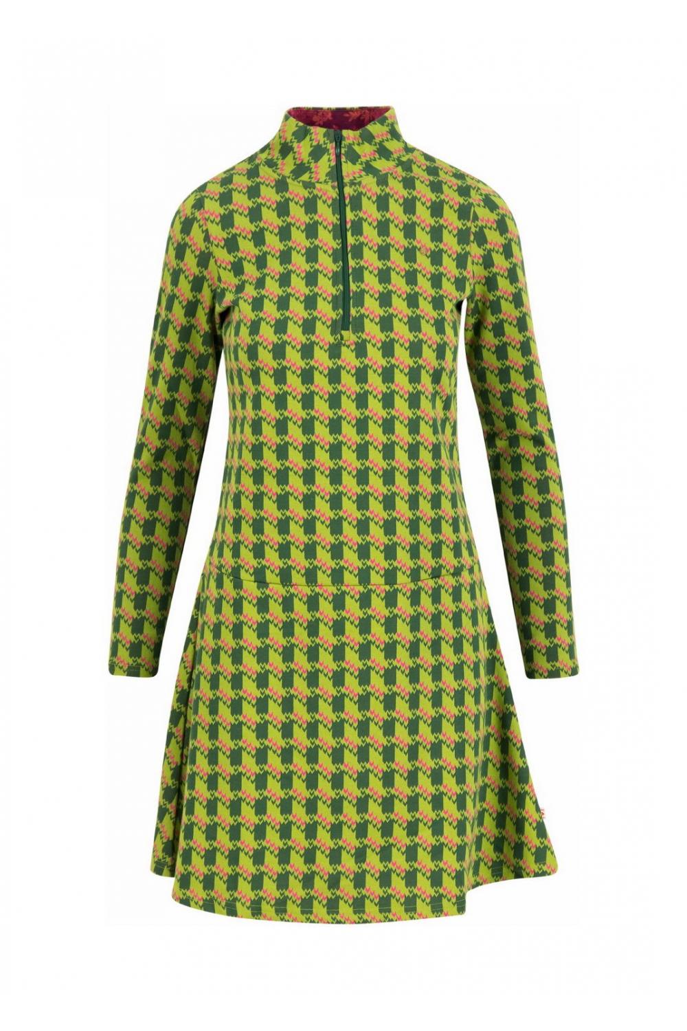 Blutsgeschwister Midi- Kleid honest heart in pied-de-poule green MIT POLOKRAGEN UND KURZEM ÄRMEL!