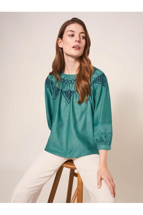 White Stuff Esme Cotton Silk Top  in GREEN MLT