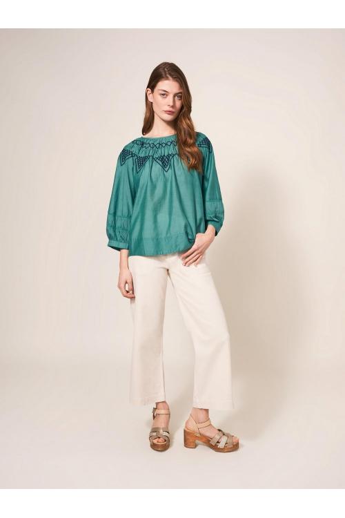 White Stuff Esme Cotton Silk Top  in GREEN MLT