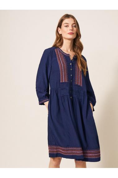 White Stuff Liv Embroidered Dress in NAVY MULTI