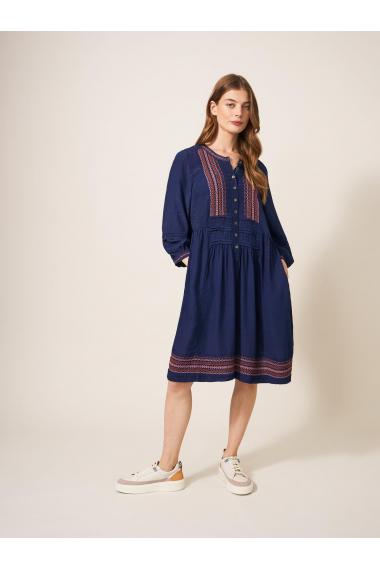 White Stuff Liv Embroidered Dress in NAVY MULTI