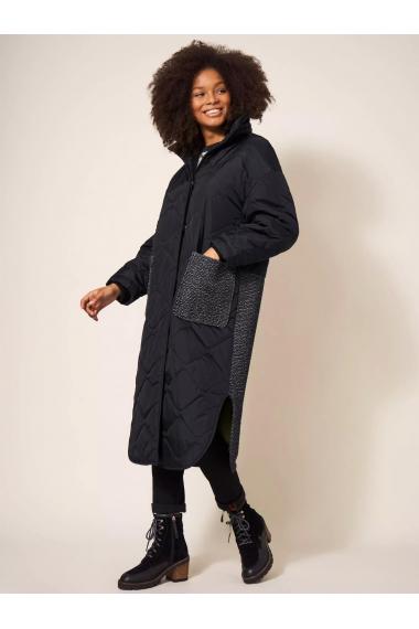 White Stuff Luna Fabric Mix Quilted Coat in BLK MLT