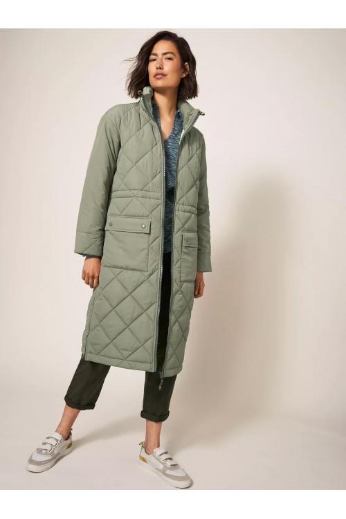 White Stuff Lorena Quilted Coat in MID GREEN