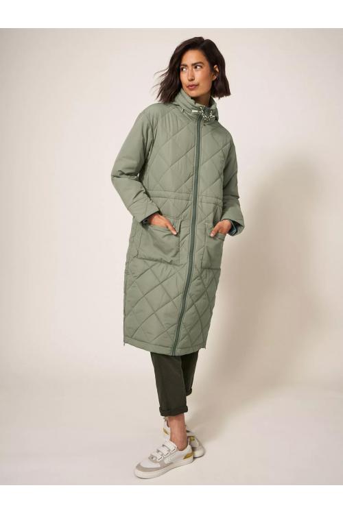 White Stuff Lorena Quilted Coat in MID GREEN