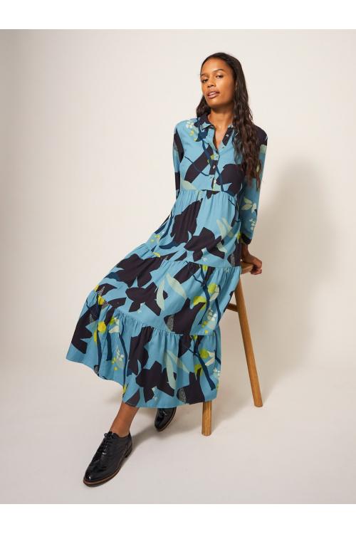 White Stuff Maya Tiered Shirt Dress in TEAL MLT