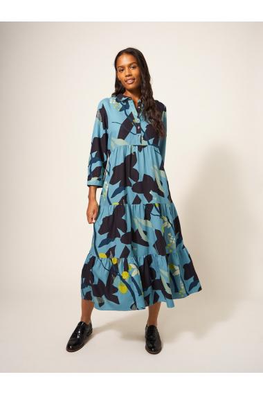 White Stuff Maya Tiered Shirt Dress in TEAL MLT