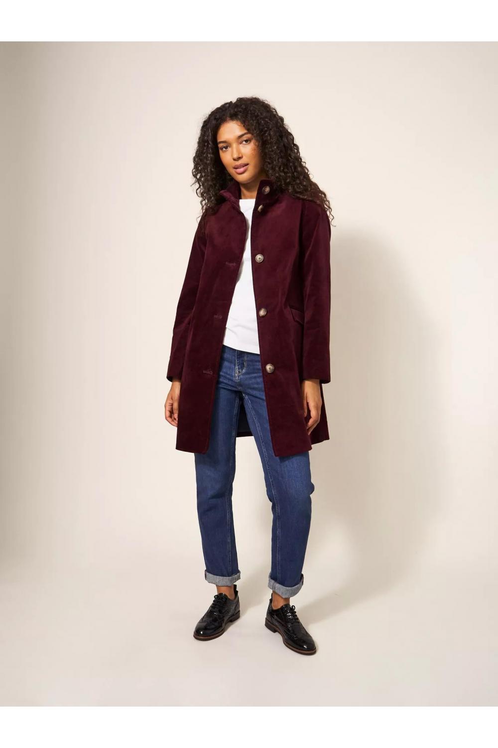 White Stuff Karla Velvet Coat in DK PLUM