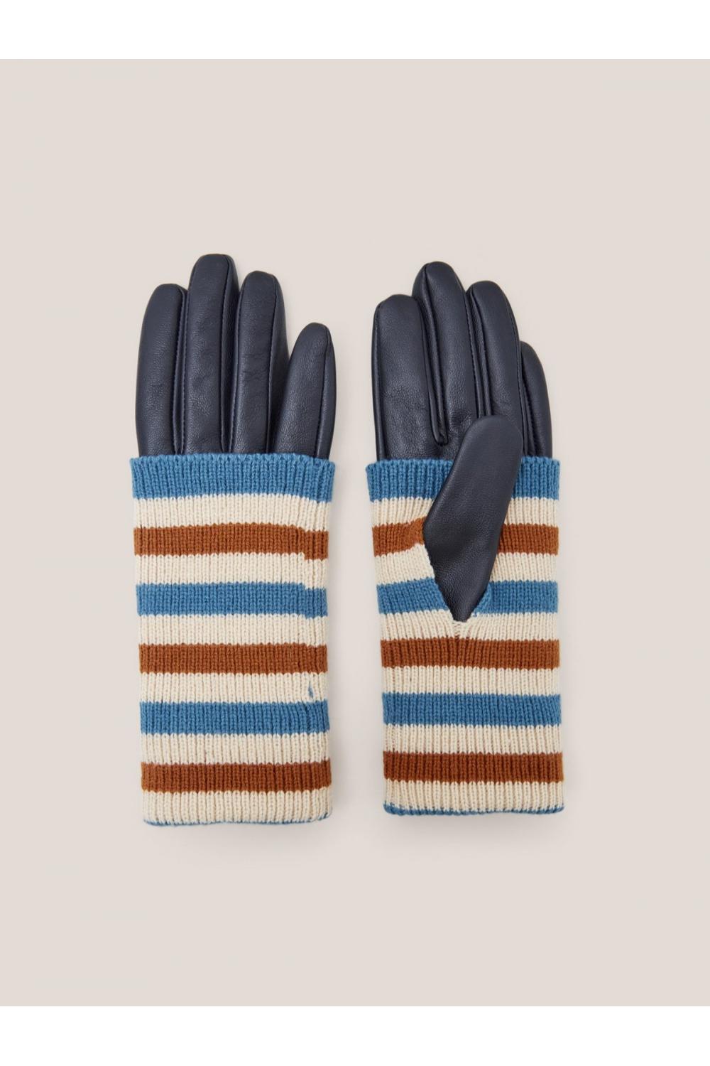 White Stuff Knitted Cuff Leather Gloves in NAVY MULTI