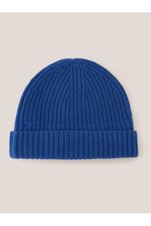 White Stuff Wool Ribbed Beanie in MID BLUE