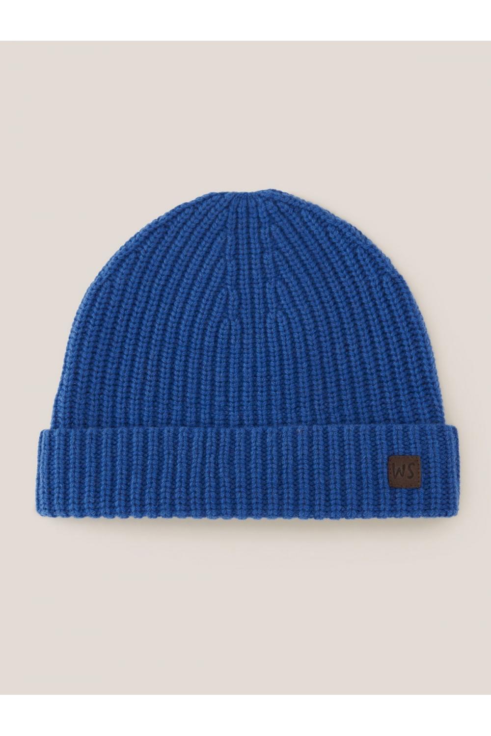 White Stuff Wool Ribbed Beanie in MID BLUE