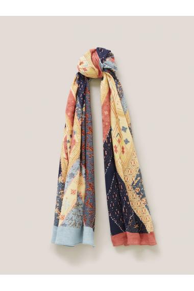 White Stuff Geo Print Cotton Wool Scarf in BLUE MLT