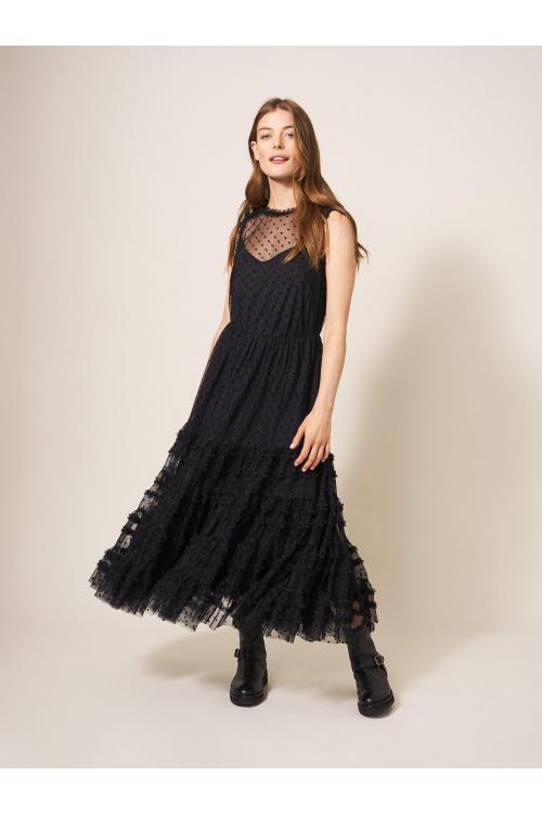 White Stuff Hiral Flock Spot Tulle Dress 439826 in Black