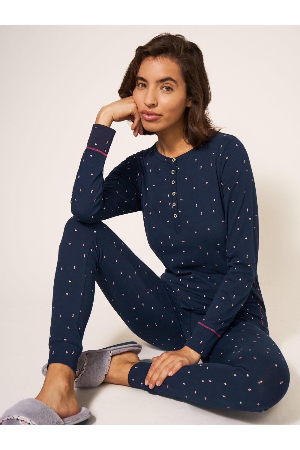 White Stuff Geo Printed Henley PJ Top 439710 in NAVY MULTI