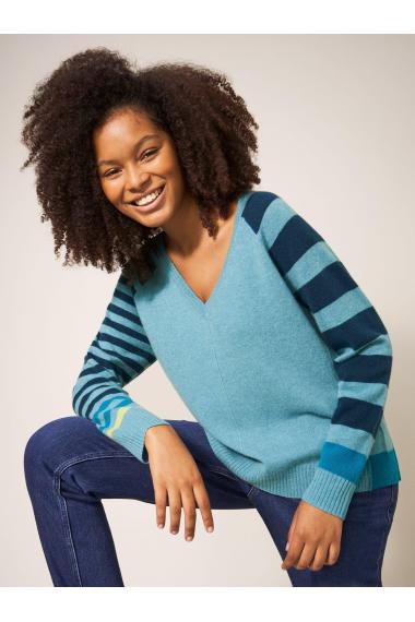 White Stuff CLARA V NECK CASHMERE JUMPER 439898 in BLUE MULTI