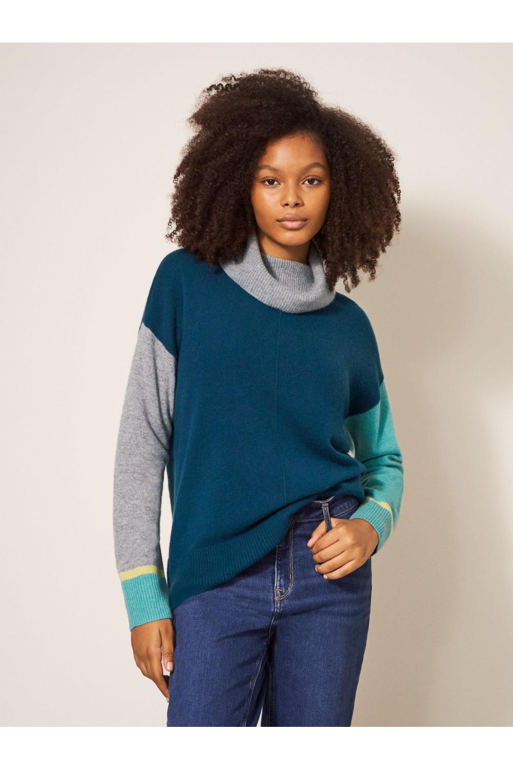 White Stuff CALLIE HIGH NECK CASHMERE JUMPER 439900 in NAVY MULTI
