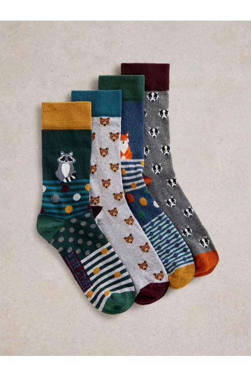 White Stuff 4PK Woodland Animals Socks in GREEN MLT Art. WS441770