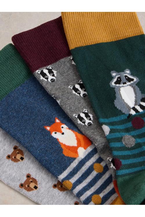 White Stuff 4PK Woodland Animals Socks in GREEN MLT Art. WS441770