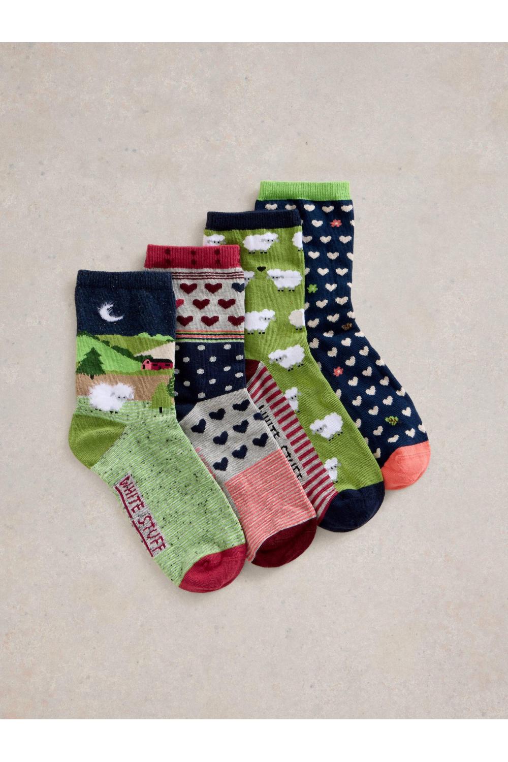 White Stuff 4PK Counting Sheep Ankle Sock in GREEN MLT Art. WS441793