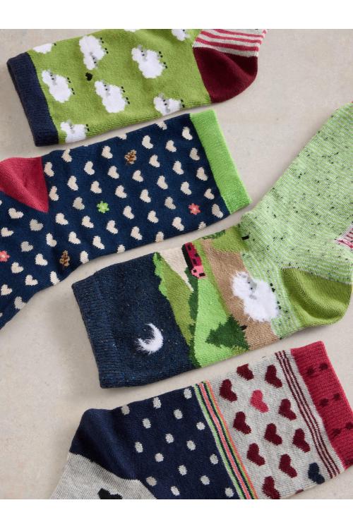 White Stuff 4PK Counting Sheep Ankle Sock in GREEN MLT Art. WS441793