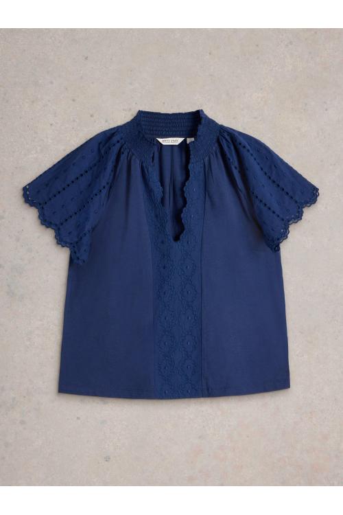 White Stuff FLUTTER SLEEVE BRODERIE TOP in FR NAVY Art. WS441747