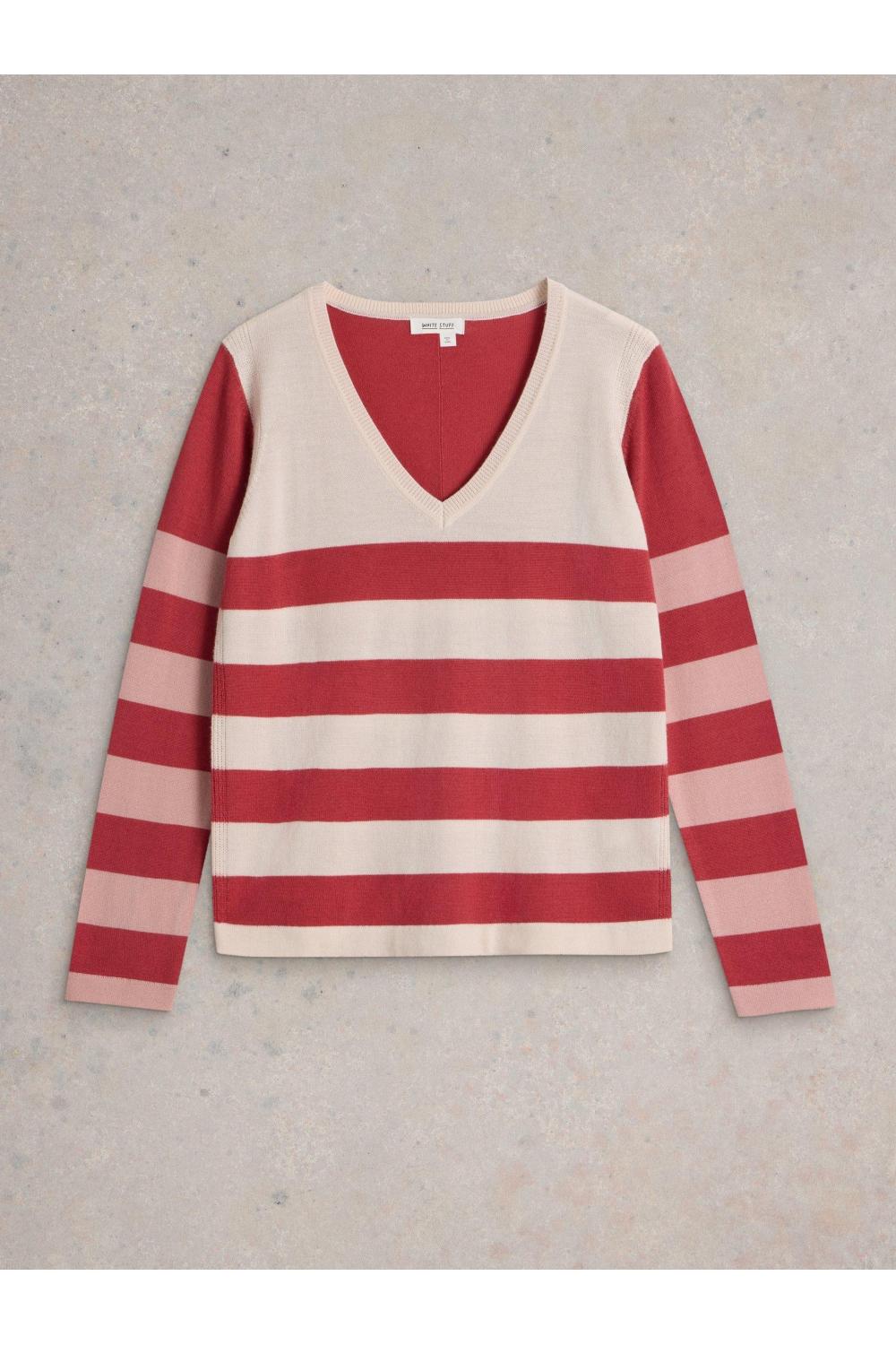 White Stuff STRIPE V NECK MERINO JUMPER in PLUM MLT Art. WS441868