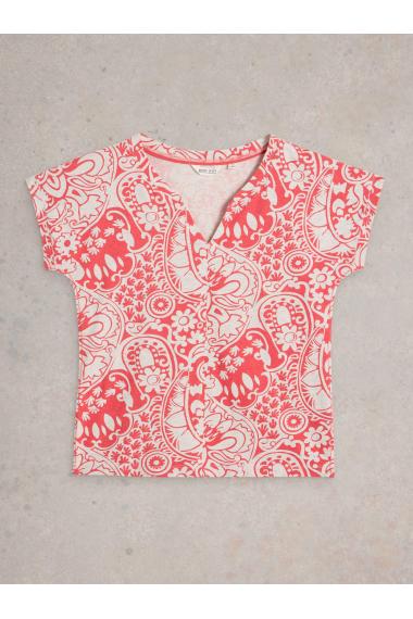 White Stuff Womens NELLY NOTCH NECK TEE  in CORAL_MLT Art WS443000