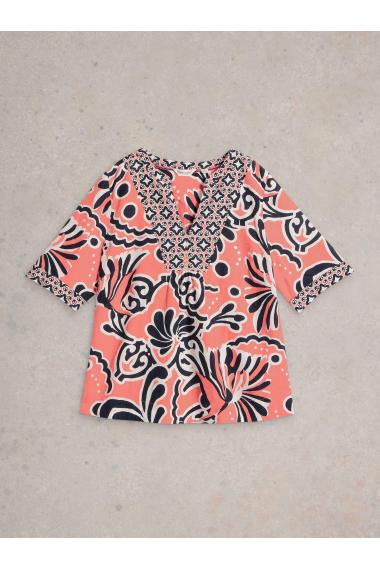 White Stuff Womens Ash Linen Blend Top  in CORAL_PR Art WS442784