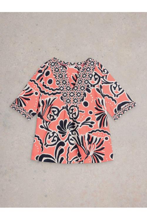 White Stuff Womens Ash Linen Blend Top  in CORAL_PR Art WS442784