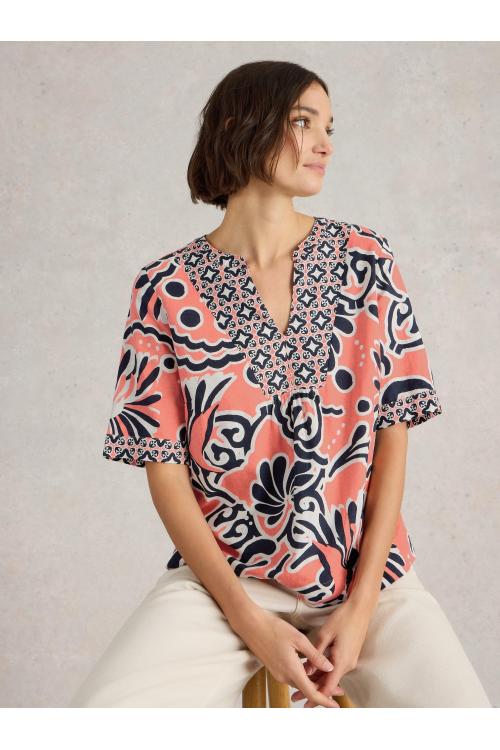 White Stuff Womens Ash Linen Blend Top  in CORAL_PR Art WS442784