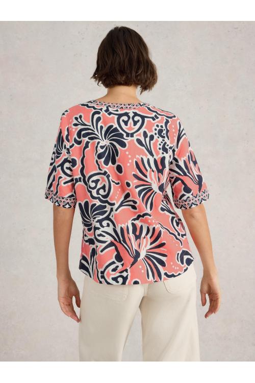 White Stuff Womens Ash Linen Blend Top  in CORAL_PR Art WS442784