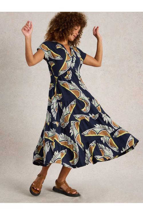 White Stuff Womens Tabitha Jersey Midi Dress  in NAVY_MULTI Art WS443522