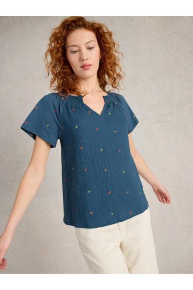 White Stuff Womens LUELLA NOTCH NECK EMB TOP  in NAVY_MULTI Art WS443684