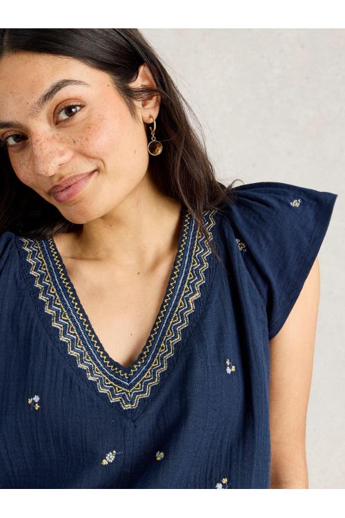 White Stuff Womens LUCIE EMBROIDERED TOP  in NAVY_MULTI Art WS443701