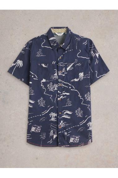 White Stuff Mens Map SS Printed Shirt  in NAVY_PR Art WS443551