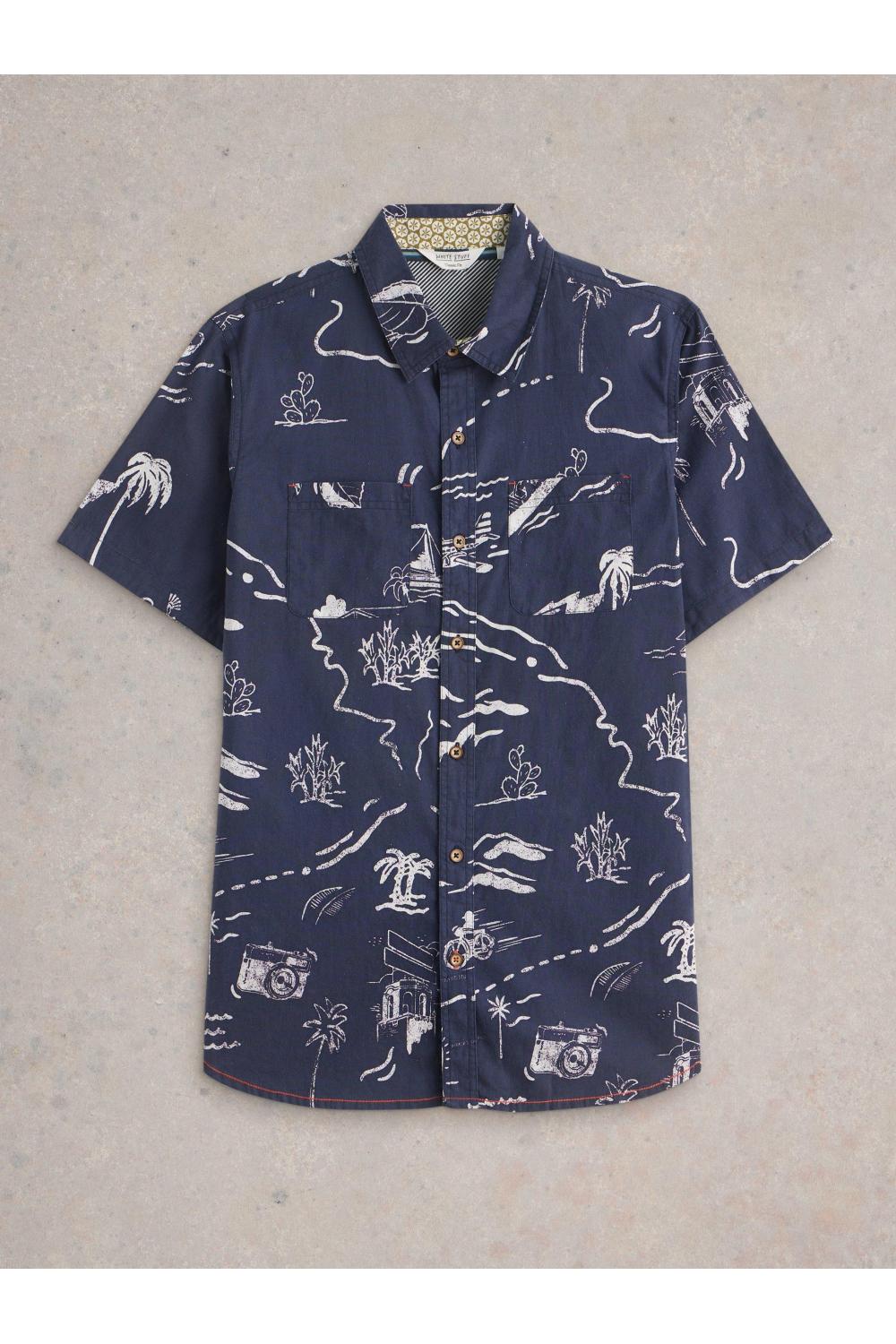 White Stuff Mens Map SS Printed Shirt  in NAVY_PR Art WS443551