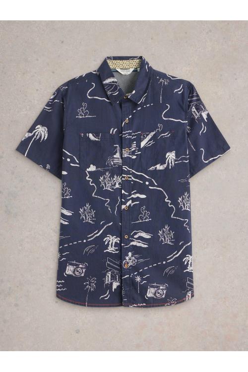 White Stuff Mens Map SS Printed Shirt  in NAVY_PR Art WS443551