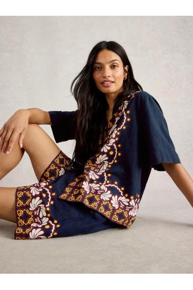 White Stuff Womens Bella Linen Blend Resort Shirt  in NAVY_MULTI Art WS443454