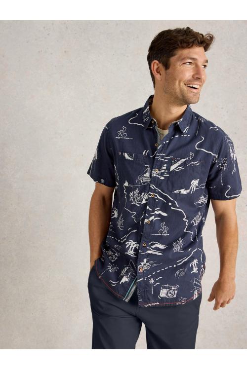 White Stuff Mens Map SS Printed Shirt  in NAVY_PR Art WS443551