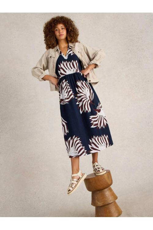 White Stuff Womens Clove Linen Blend Dress  in NAVY_PR Art WS443507